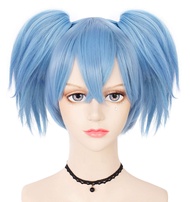 Hair Cap+ Nagisa Shiota Wig Cosplay Blue Wig with Double ponytails Short Blue Anime Wig for Men Wome
