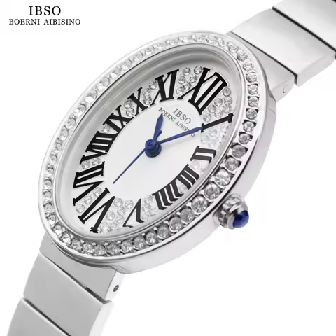 IBSO New Oval Dial Zircon Luxury Women Quartz Watches Simple Stainless Steel Strap 3ATM Waterproof W