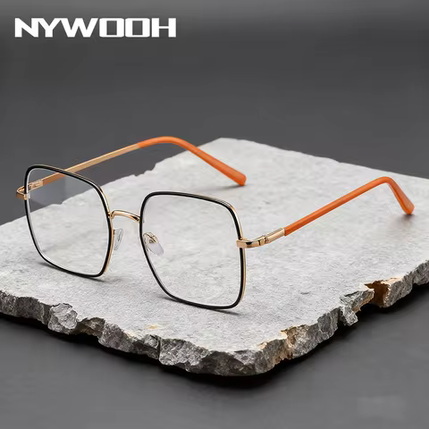 NYWOOH Fashion Square Anti Blue Light Eyeglasses Unisex Plain Lens Big Metal Frame for Office Work C