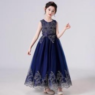 新竹金奇童裝兒童長款女童公主裙禮服藍色刺繡洋裝花童禮服洋裝長裙鋼琴表演服