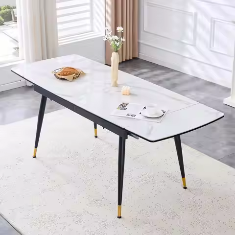 Expandable Dining Table for 4-8, 59-78.8in, Sintered Stone Top, Metal Legs, Modern White Marble Kitc