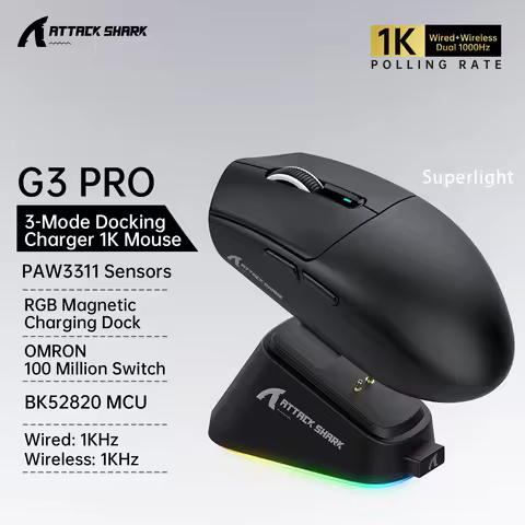 ATTACK SHARK G3PRO Gaming Mouse Wireless 1K Hz RGB Magnetic Dock 62g Ultra-Light PAW3311 Sensor OMRO