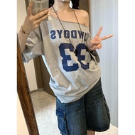 Sexy Grey T-Shirt American Hot Girl Off Shoulder Short Sleeve Top Women's Off-the-Shoulder Retro Hot
