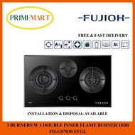 FUJIOH FH-GS7030 SVGL GLASS GAS HOB WITH 3 BURNERS W 1 DOUBLE INNER FLAME - 2 YEARS FUJIOH WARRANTY 