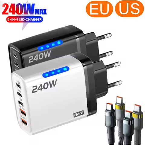 240W GaN Desktop Charger 5 in 1 USB Type-C Charger 120W Type To TypeC Cable Fast Charging Wall Charg