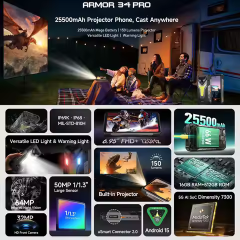 Ulefone Armor 34 Pro+ Rugged Phone 16GB+512GB Projector Night Vision 6.95'' Android 15 Dimensity 730