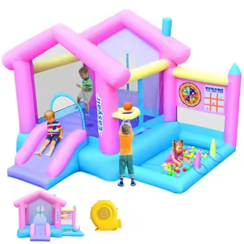 Inflatable Bounce House for 3-10 123 L x 110 Bouncy Castle with Jumping Slide Basketball Hoop Ball P