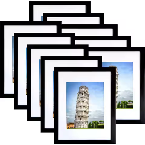 Set of 10 Black Picture Frames 5x7 with Mat or 8x10 without Mat for Wall or Tabletop Display