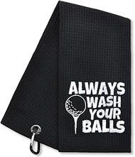 GRM003-Hafhue Always Wash Your Balls Funny Embroidered Golf Towels for Golf Bags with Clip Golf Gifts for Men or Women Golf Accessories for Men or Women Birthday Gifts for Golf Fan