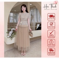 (GENUINE HALE) A801, CV3 Set of lace top, brown floral mesh skirt with delicate embroidered bow at t