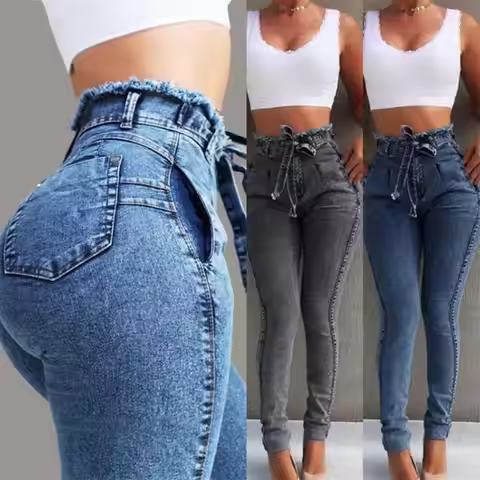 Women Fashion Belted High Waist Skinny Jeans lady Stretch Denim Tassel belt Bandage Female Long Pant