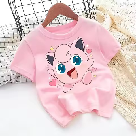 Pokémon Jigglypuff Print 100% Cotton T-shirt 2026 Summer Loose Y2K Sport Top for Kids Travel Daily W