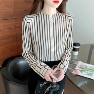 cv REHIN Áo Nữ Dài Tay Áo Cánh Lụa Tơ Tằm Cổ Tròn Kẻ Sọc Cao Cấp Pháp Thiết Kế Mới Mùa Thu 1127