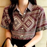 Ladies' Short Sleeve Shirt - Aztec Geometric Print with Lapel Collar, Vintage Style Loose Fit