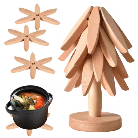 Leeseph Wooden Tree Coasters, Tree Shape Trivets Set, Trivets for Hot Dishes Like a Christmas Tree (