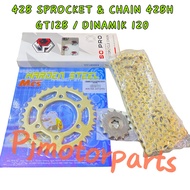 ( 1 SET ) MODENAS GT128 DINAMIK120 DINAMIK 120 - FRONT REAR 428 SPROCKET CHAIN 428H GOLD SPOKET SPOC
