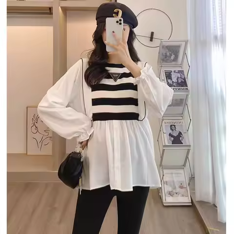 Korean Style Maternity Formal Shirts Long Sleeve Loose Turn-down Collar Button Fly Pregnant Woman Ba