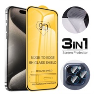 For iPhone 15 Plus 14 13 12 11 Pro Max [3in 1] Full Glue Cover Tempered Glass Screen Protector Film + Camera Lens Protector Film + Carbon Fiber Back Protector Film