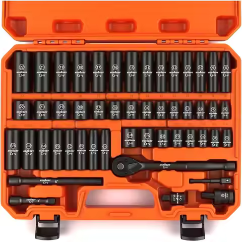 50-Piece 3/8" Drive Impact Socket Set, SAE & Metric Sizes, Cr-V Steel with Ratchet Handle & Extensio