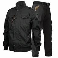 Men Casual Multi-Pocket Cargo Jacket & Pants Set Men 2 Piece Set Black Motorcycle Clothes Men Men 2 