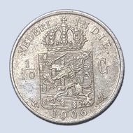 Uang koin Perak Kuno 1/10 Gulden Nederl Indie Tahun 1906 Asli