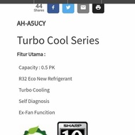 Ac Sharp Ah-A5Ucy +Pasang+Instalasi Pipa Breket- 1/2 Pk Turbo Cool R32