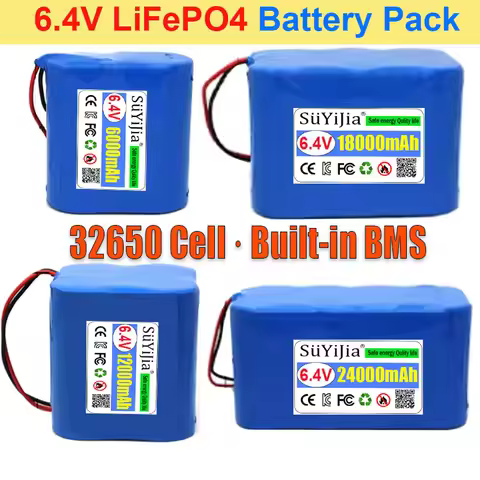 6.4V LiFePO4 Battery Pack 6Ah 12Ah 18Ah 24Ah Built-in BMS 32650 Cell Lithium Iron Phosphate for Sola