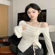 Pure desire style and fashionable off the shoulder drawstring long-sleeved T-Shirt Flash Women Irregular Slim-Fit Slimmer Look long-sleeved Bottoming Top Pure desire style and fashionable off the shoulder drawstring long Straw T-Shirt20240409