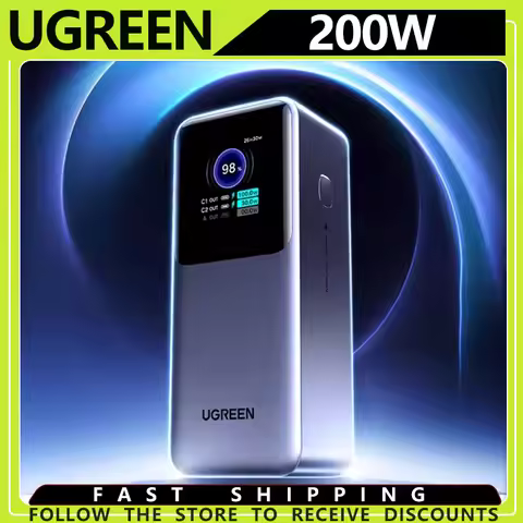 UGREEN 200W 20000mAh Power Bank Fast Charger Built-in 65CM Cable Portable External Battery Screen Di