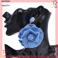 HUISHU Denim Blue Fabric Earrings, Handmade Denims Blue Rose Earrings, Ornament Exaggerate Flower Ea