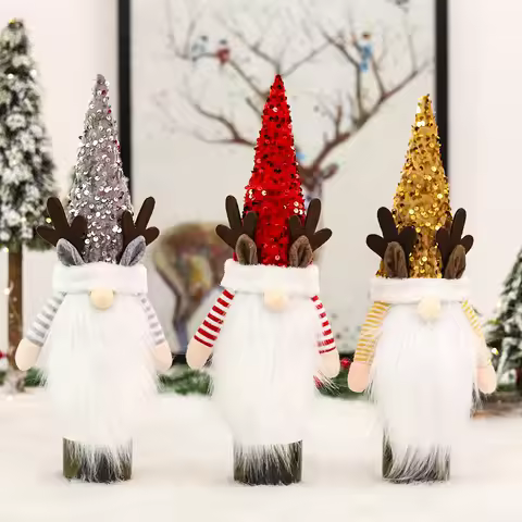 Red Sequin Antlers Wine Bottle Set, Rudolph Bearded, Old Man Red Wine Hat, Christmas Decorations, Ne