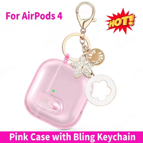 Pink Clear Case for Airpods 4 Earphones Soft TPU Transparent Protective Cove with Girl Bling Keychai