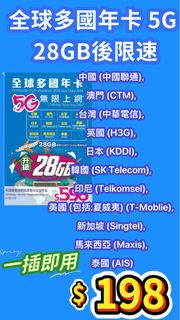 全球多國年卡 5G 28GB後限速 無限上網 多國使用 中國/澳門/台灣/英國/日本/韓國/印尼/美國/星加坡/馬來西亞/泰國/澳洲/越南 數據卡電話咭上網卡sim卡