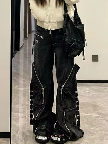 Women's Black Cargo Baggy Jeans Line Y2K American High Street Harajuku Aesthetic Vintage Design Wide