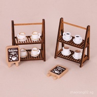 Dollhouse Dollhouse Mini Double-layer Wooden Rack Miniature Simulation Coffee Rack Coffee Sign Food 
