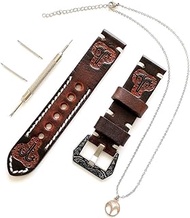 NICKSTON Aries Zodiac Set Genuine Brown Leather 22mm Tooled Embossed Crafted Band Strap Bracelet Watch Kit for Watches and 25" Inch Pendant Necklace (4. Gold Color Buckle)