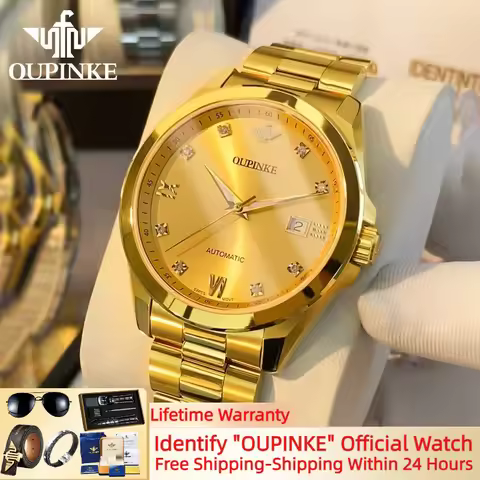 OUPINKE Automatic Watches for Men Swiss Mechanical Movement Luxury Gold Watch Real Diamond Sapphire 