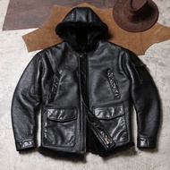 N3B Washed Distressed Leather Jacket Genuine Leather Outline Sheep Fur Turf Jacket Hooded Sheepskin 