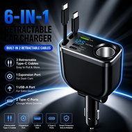 240W Car Charger With 70CM Retractable Dual Type C Cable Fast Charging 6-in-1 Car Phone Charger for 