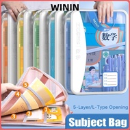 WININ Mesh Zipper Pouch, Subject Classification Portable Handle Subject Bag, Delicate 5-Layer L-Type