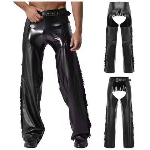 Men Stylish Crotch Hollow Out Chaps Pants Cowboy Faux Leather Fringed Chap Trousers for Halloween Pa
