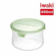 【iwaki】電鍋、微波爐、皆適用 日本耐熱玻璃圓形微波保鮮盒490ml(綠色)(原廠總代理)
