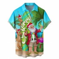 Kemeja Lelaki Musim Panas Baju Cetak Santa 3D Baju Corak Kanggaru Rusa Krismas Baju Kasual Hawaii ya