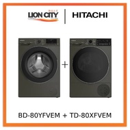 Hitachi BD-80YFVEM Front Loading - Washer Steam &amp; Hygiene Easy Iron Inverter + Hitachi TD-80XFVEM Tumble Dryer