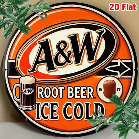 2D Flat, 1pc Vintage A&W Root Beer Aluminum Wall Sign - 7.8" Retro Decor with Mug & Root Imagery, Pe