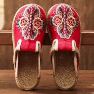 sandal perempuan kasut sandal perempuan Summer Linen Slippers - Ethnic Style Embroidered Flat Sandal
