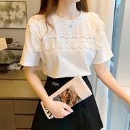 Summer Korean Version Beaded Lace Top Women Loose Slimmer Look All-Match Western Style Short-Sleeved T-Shirt Women
