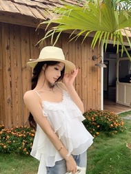 實拍  不規則荷葉邊吊帶內搭外穿氣質上衣雪紡衫-白色 S
