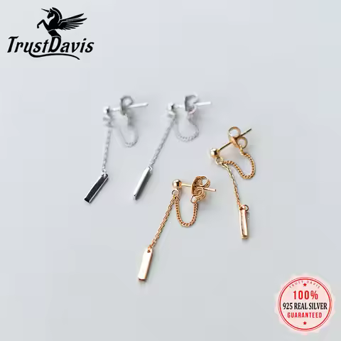 TrustDavis Real 925 Sterling Silver Geometric Linked Stick Chain Stud Earrings For Women Wedding Bir