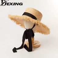 Women Raffia UV Sun Hats Fashion Ribbon Girl Straw Hat 52cm Kids Head Summer Wide brim Sun Uv Protection Ladies Beach Hats